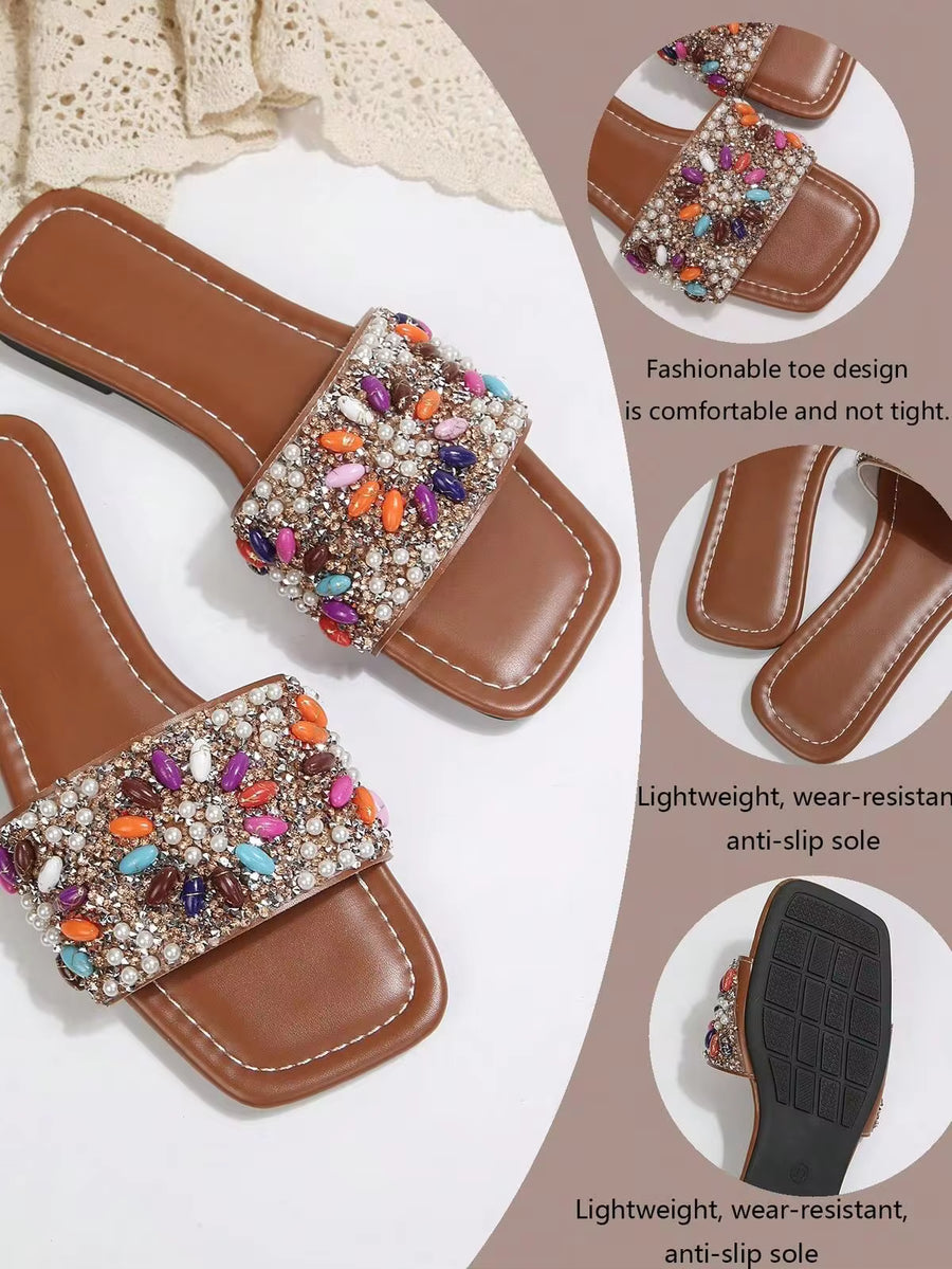 Fashion Bohemian Colorful Sparkling Rhinestone & Pearl Decor Sandals, Women's Comfortable Summer Vacation Slides