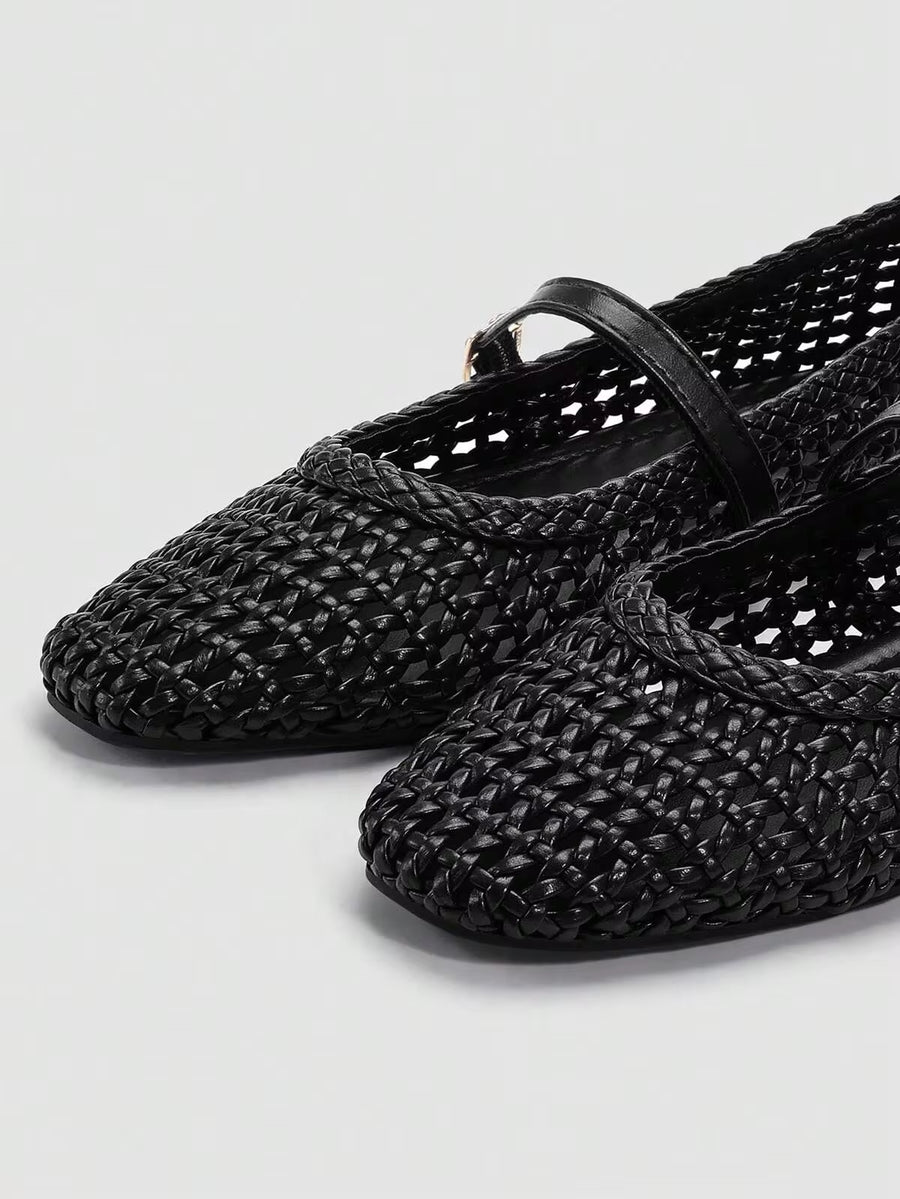 ADAMUMU Oversized Women's Fashion Handmade PU Material Woven High-End Mary Jane Ballet Shoes, Single Strap With Metal Buckle, Woven Breathable, Comfortable Flat Sole, Women's Daily Commute / Vacation Casual Wear Shoes