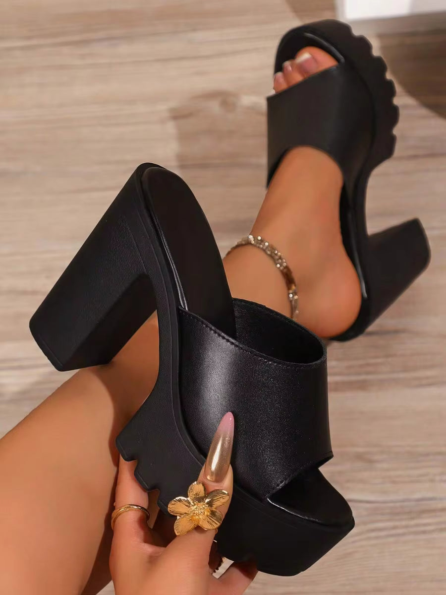 Black & White Thick Sole Chunky Heel Sandals With Serrated Thick Heel, Platform Wedge Sandals For Women